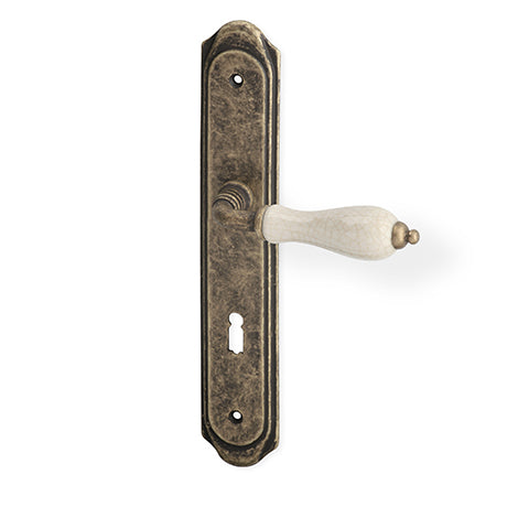 Antique Door Handle on a Backplate - matt bronze/porcelain patina