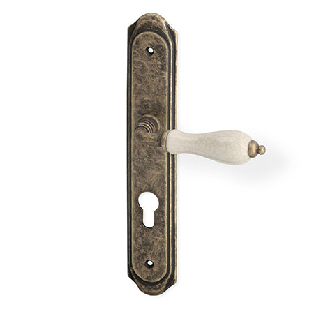 Antique Door Handle on a Backplate - matt bronze/porcelain patina